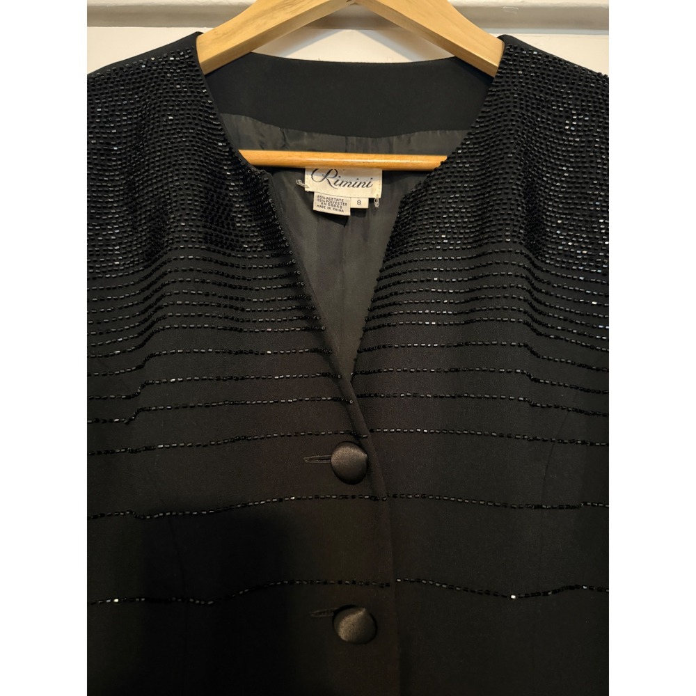 VTG Rimini Black Beaded Evening Jacket Womens 8 V-Neck Satin Button Blazer - Picture 8 of 14